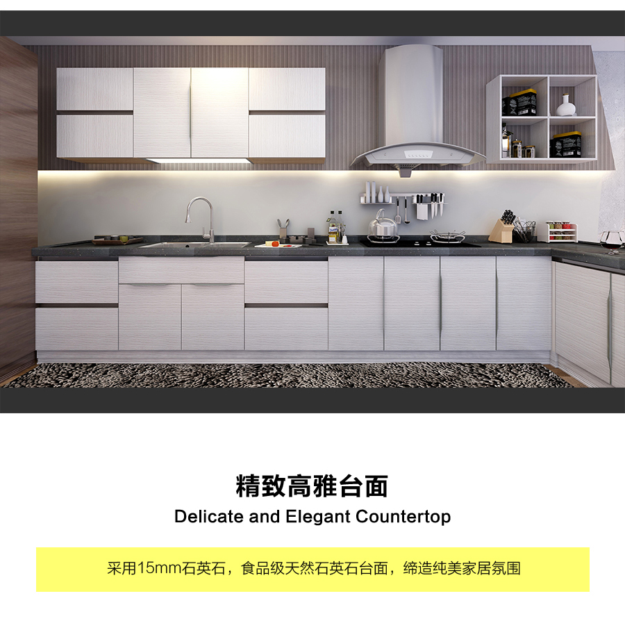 星空梵高定制櫥柜 現(xiàn)代簡(jiǎn)約整體定制櫥柜 石英石臺(tái)面定制櫥柜 雙飾面-橫紋白浮雕顆粒定制櫥柜